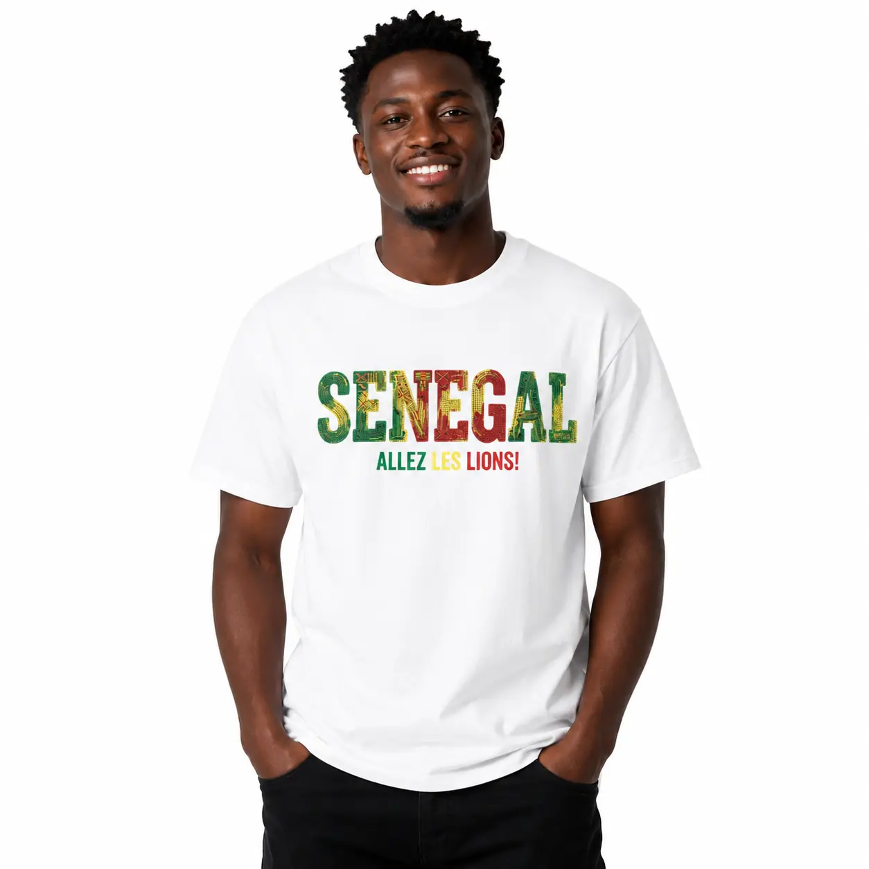 A-Senegal Allez Les Lions! Flag Colors Graphic T-Shirt - White Soft Cotton Tee - National Pride Athletic Sports Apparel - Unisex Casual Outfit - Trendy Soccer Fan Gift Men Women Menswear Stylish