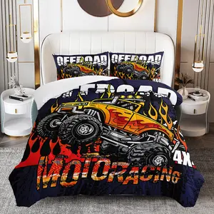 3pcs Monster Truck Comforter Set, Racing Duvet Set for Girls and Adults Bedroom or Guest Room Decor, Lightweight Soft All Seasons Comforter Machine Washable Microfiber Quilt with 2 Pillowcases , Gifts for the Family