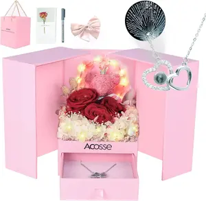 Acosse Deluxe Preserved Real Roses Jewelry Box Handmade Guardian Hug Bear with Secret I Love You Necklace in 100 Languages Valentine's Day Gift Idea for Her Girlfriend Wife