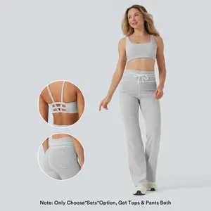 【Creator‘s Pick】Halara Low Support U Neck Cut Out Stripe Yoga Sports Bra / High Waisted Drawstring Striped Yoga Pants with Pockets#TikTokShopSpringGlowUp