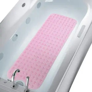 Anti Slip Extra Long Bathtub and Shower Mat 39" x 16" - Wet Floor Non-Slip for Elderly & Kids Bathroom - 30% Longer Bathtub Mats - 200 Suction Cups - Drain Holes - Machine Wash (Clear Pink)
