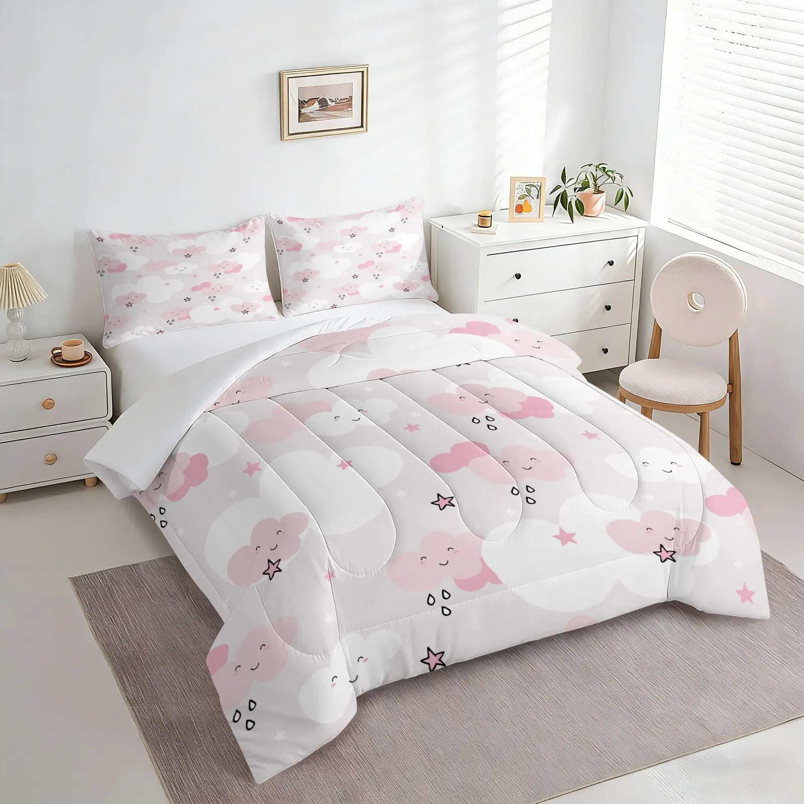 2/3pcs Cute Pink Cloud Star Comforter Set, Kawaii Quilt, Soft Microfiber Bedding Set with Pillowcase, Cartoon Printed Bedding Comforter for Kids Girls Bedroom