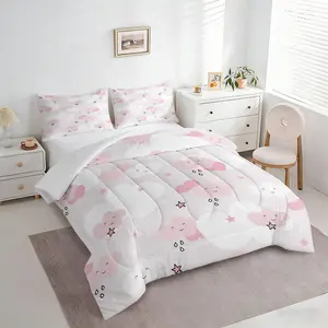 2/3pcs Cute Pink Cloud Star Comforter Set, Kawaii Quilt, Soft Microfiber Bedding Set with Pillowcase, Cartoon Print Bed Comforter for Kids Girls Bedroom