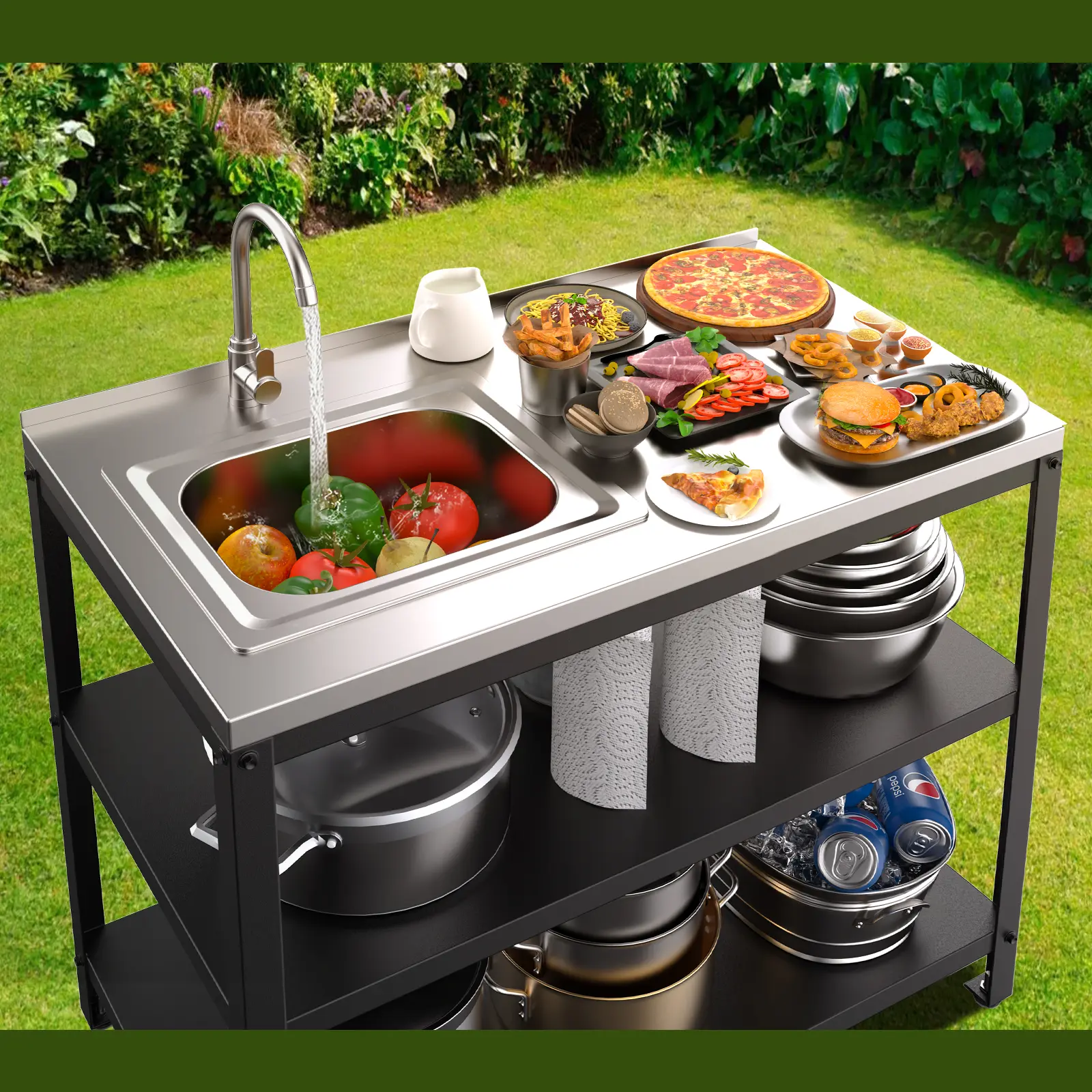36"H Outdoor Kitchen Sink Station, Outdoor Sink with Hose Hook Up, Stainless Steel Outdoor Utility Sink with Countertop, Freestanding Laundry Sink for Backyard, Garage, Patio, Restaurant