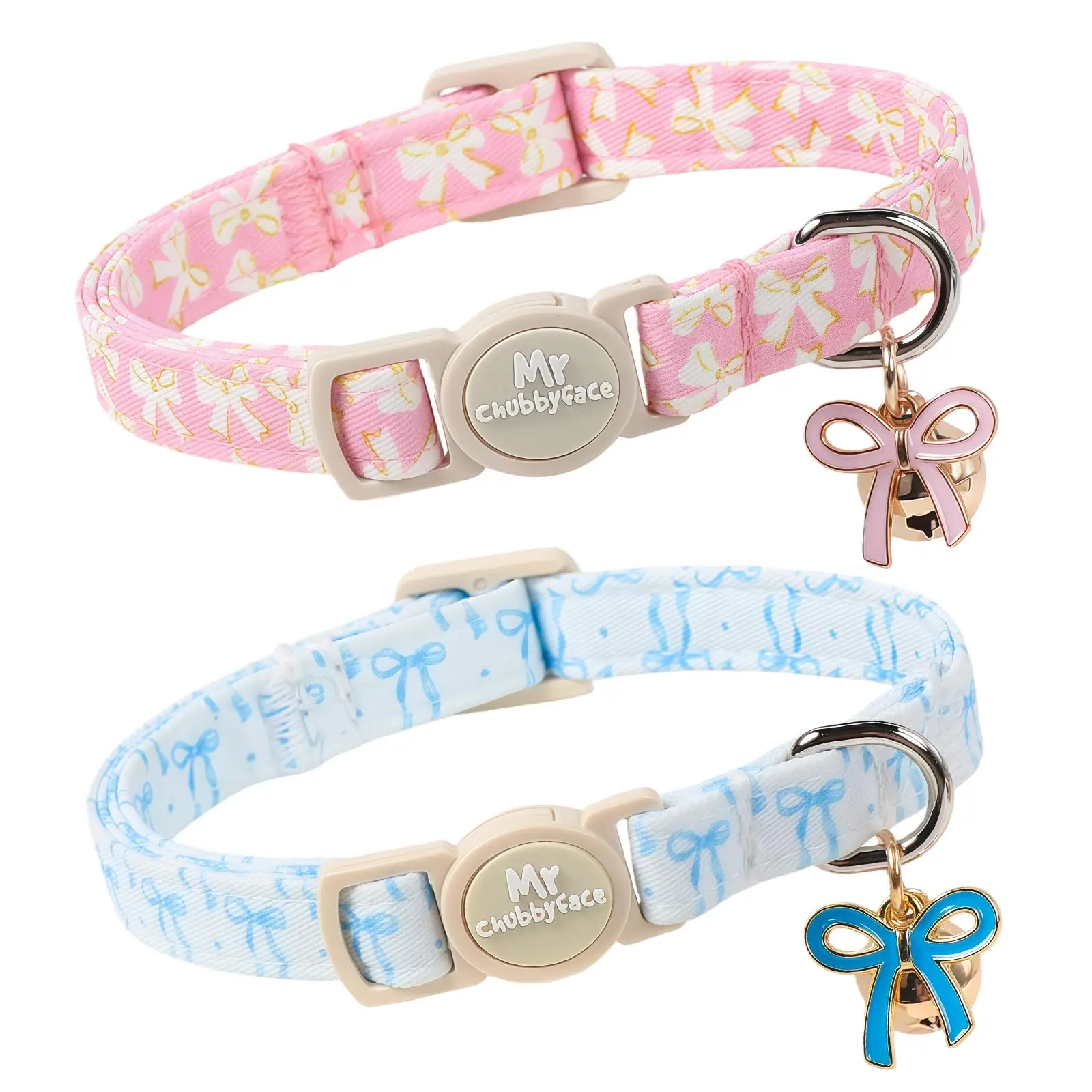 2-Pack Adjustable Soft Cotton Cat Collars - Cute Blue Bow & Pink Bow Breakaway Collars with Bell, Pendant for Kittens (Great for Birthdays), Bluebow&Pinkbow