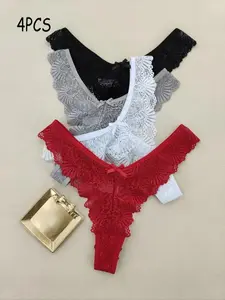 4 PackWomen's Floral Lace Bow Patchwork Low Waist Thong Panties, Breathable Ladies Underwear, Comfortable All-Day Wear, 4 Pack, Fashion Comfy Underwear, Breathable Comfy Innerwear