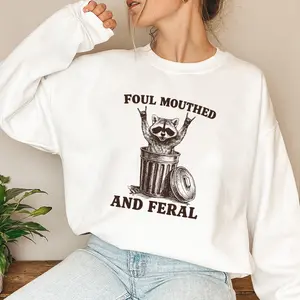 Foul Mouthed & Feral Raccoon Sweatshirt, Funny Raccoon Comfort Colors Graphic Crewneck, Sarcastic Feral Mom Pullover for Women