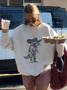 Women's Denim Bear Print Fleece Pullover Sweatshirt, Casual Holiday Style, Loose Fit, Fall & Winter New Arrival