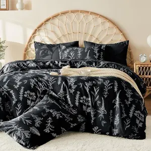 Black Bed in a Bag  7 count,  Comforter Set Reversible Botanical  Design, Ultra Soft & Breathable Bedding Sets with Comforter, Sheets, Pillowcases & Shams