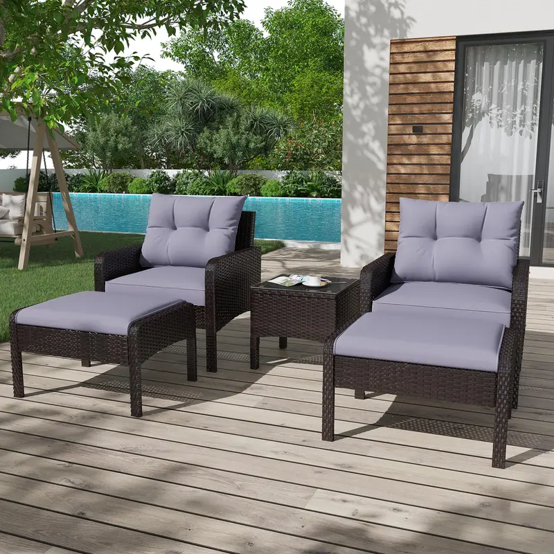 【2 Packages Shipping】5-Piece PE Rattan Patio Set – Wicker Chairs with Ottoman & Table, Perfect for Front Porch or Garden