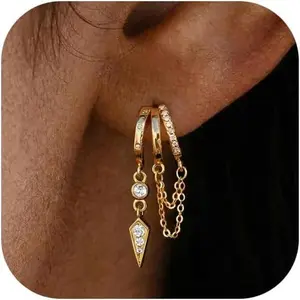 Gold Dangle Earrings for Women, 14k Gold Plated Stacked Triple Hoop Illusion Earrings Cubic Zirconia Huggie Earrings for Women Trendy