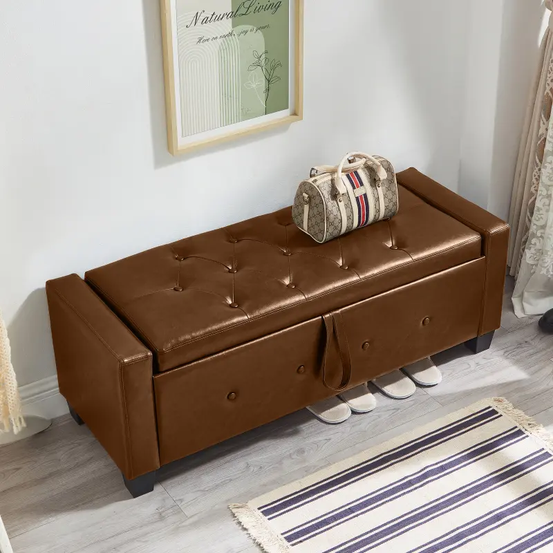 [Bellemave]48" Ottoman Bench with Storage, Bench for Bedroom,Living Room,Hallway, Upholstered Tufted Faux Leather PU Ottoman Brown