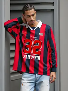 Striped retro Polo shirt, Y2K blouse, men's and women's original street hip-hop letter-printed striped sports shirt, casual long-sleeved top