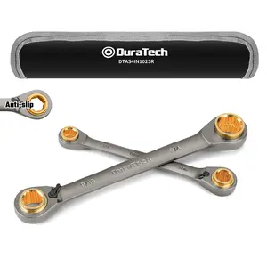 #JumpstartSale DURATECH Anti-slip 4-in-1 Reversible Ratcheting Box Wrench Set, Double Box End, SAE, 2-Piece, 5/16, 3/8, 7/16, 1/2 & 9/16, 5/8, 11/16, 3/4-Inch, CR-V Steel, Nickel Plated, with Rolling Pouch