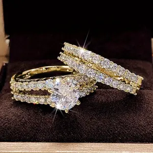 2 Pcs/Set Exquisite 18K Plated Bridal Wedding Rings - 6 Prong Setting Zirconia Rings for Women, Stunning Engagement Proposal, No Box-