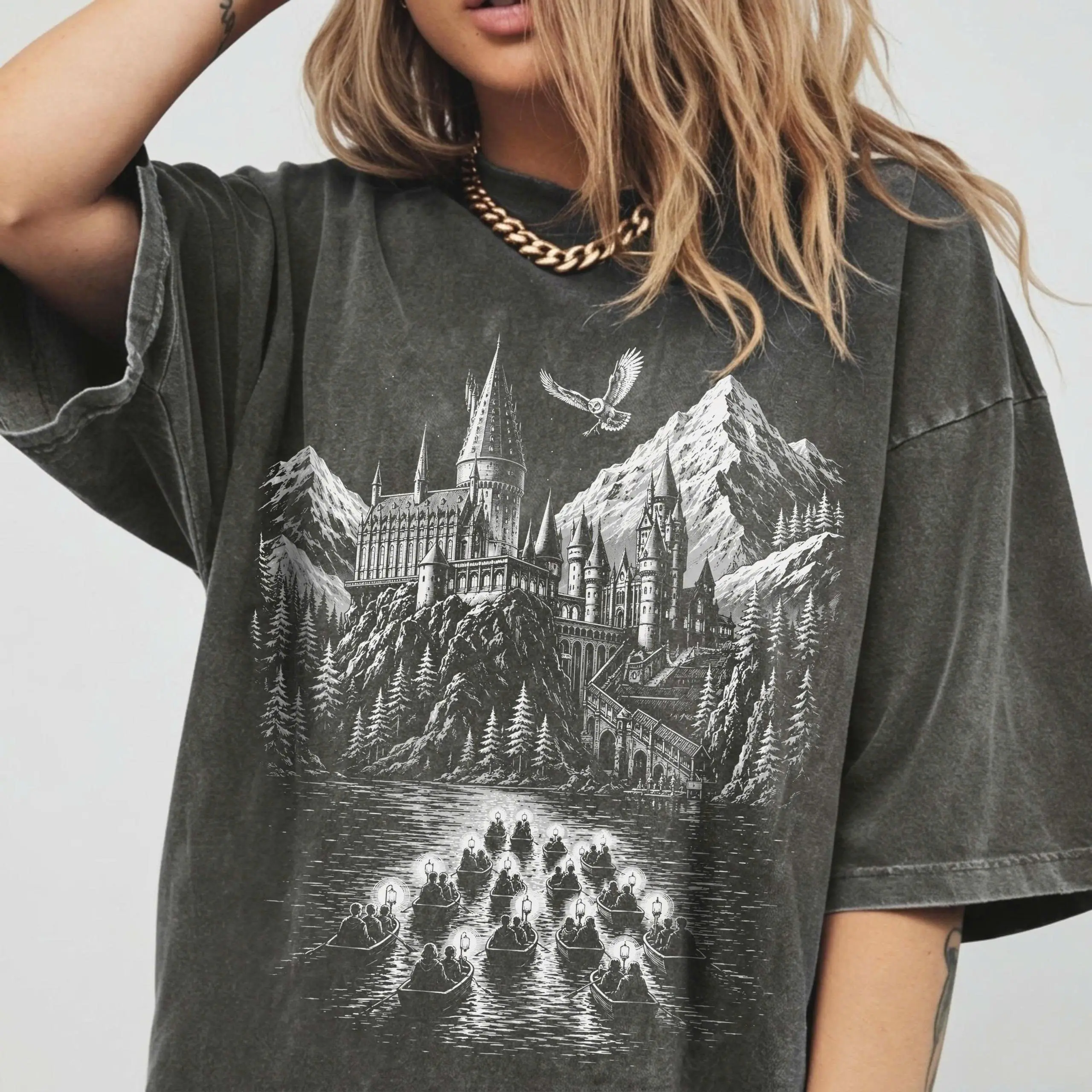 Wizard Castle Owl Shirt, Wizard School Unisex Tee, Magical Fantasycore Graphic T-Shirt, Comfort Colors Gift for Potter Fans, Book Lovers