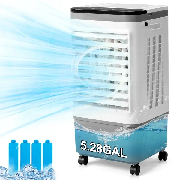 Portable Evaporative Cooler 3 in 1, 461 CFM Air Flow with Copper Motor, 5.28 Gallon Water Tank, 4 Ice Packs, Remote and 12H Timer, Scroll Casters, Gray White for Home Patio