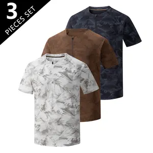 3-Pack Men’s Fashion Camouflage Print Short Sleeve Zip Crew Neck T-Shirts American Street Style Casual Sport Tops Versatile Minimalist Design