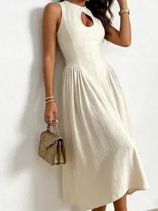 A women's Sleeveless light and mature style commuter dress with fashionable hollow out water droplet collar and waist cinching, slimming temperament long skirt, suitable for summer, home, indoor, outdoor, and Casual Wear