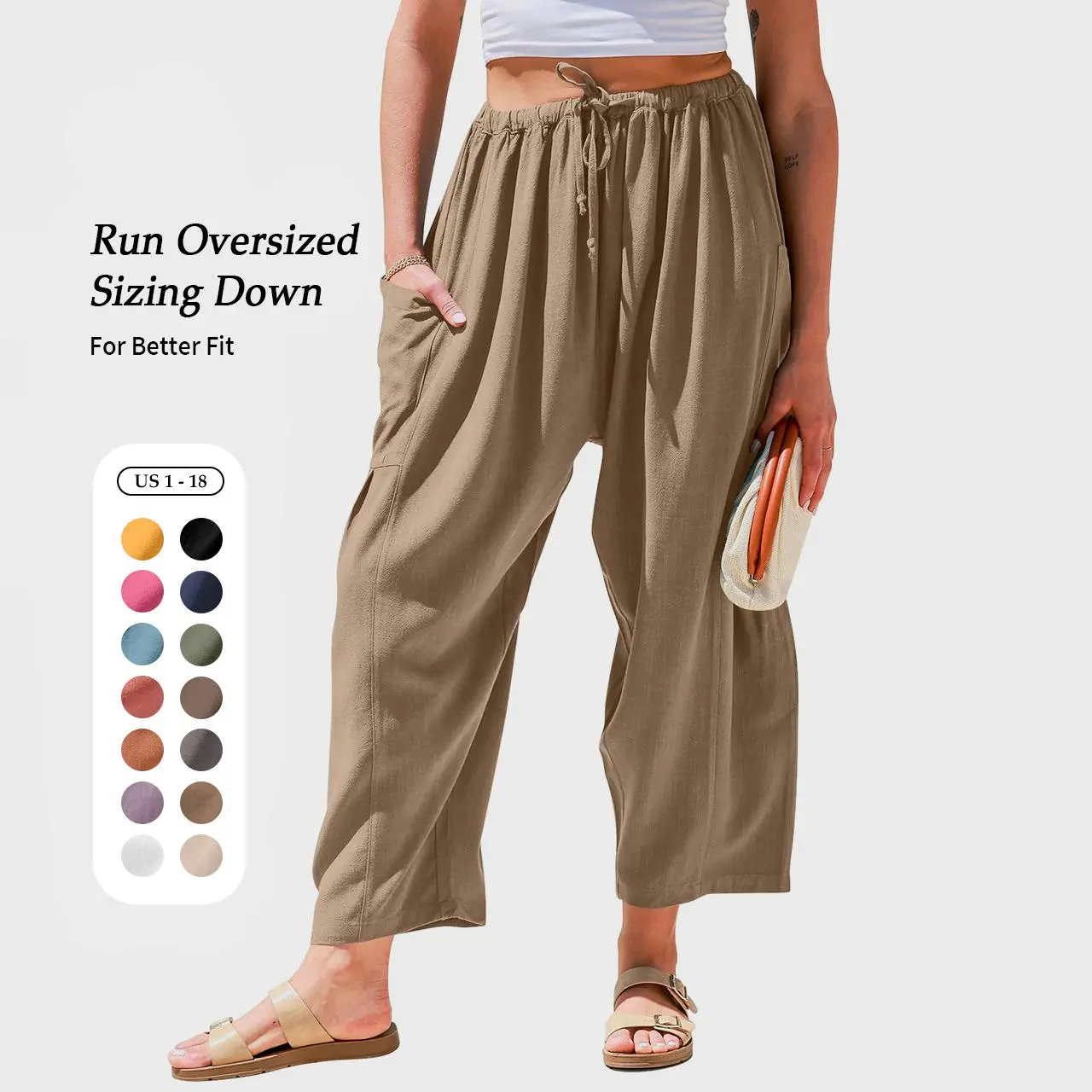 TARSE Womens Linen Blend Wide Leg Pants Casual Loose Fit Palazzo Harem Pants with Pockets Summer Beach Elastic Lightweight Drawstring Bottom