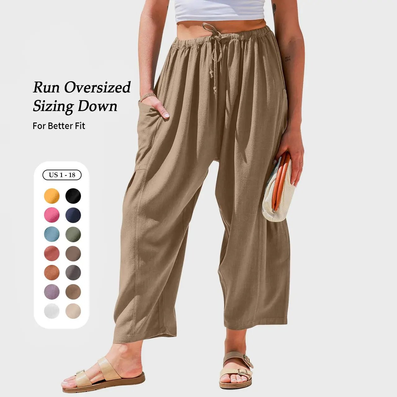 TARSE Womens Linen Wide Leg Pants Casual Loose Fit Fall Palazzo Harem Pants with Pockets Beach Elastic Lightweight Drawstring Bottom