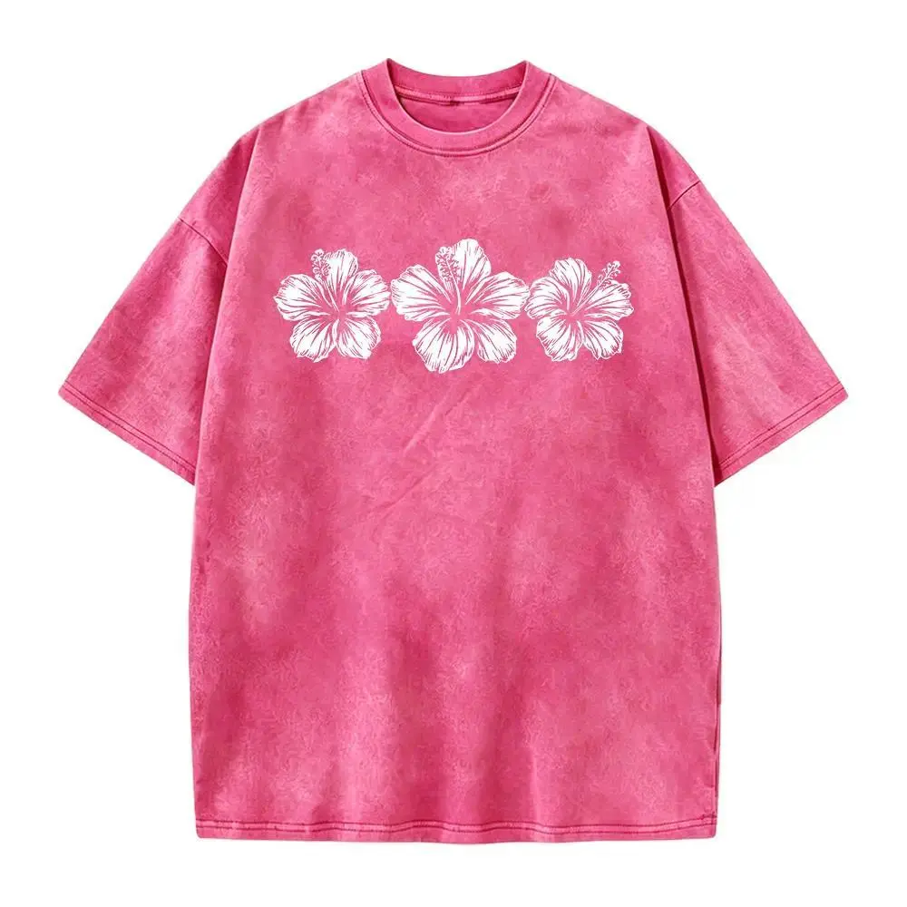Women's Unisex Printed Hibiscus Flower Round Neck 100% Cotton Short-Sleeve Casual Tropical Beach T-Shirt, Summer Streetwear Vacation Fashion Top Gift