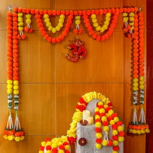 Marigold Garland for Diwali Decoration- 5PCS 5FT Artificial Marigold String Bandarwal Toran Porch Valance Mandir Pooja Decor Mandap Wedding Housewarming Patio Party Backdrop Ornament
