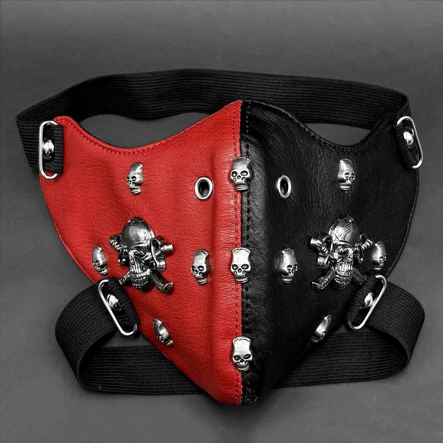 Steampunk Gothic Skull Rivet Mask Biker Half Face Leather Mask Red and Black