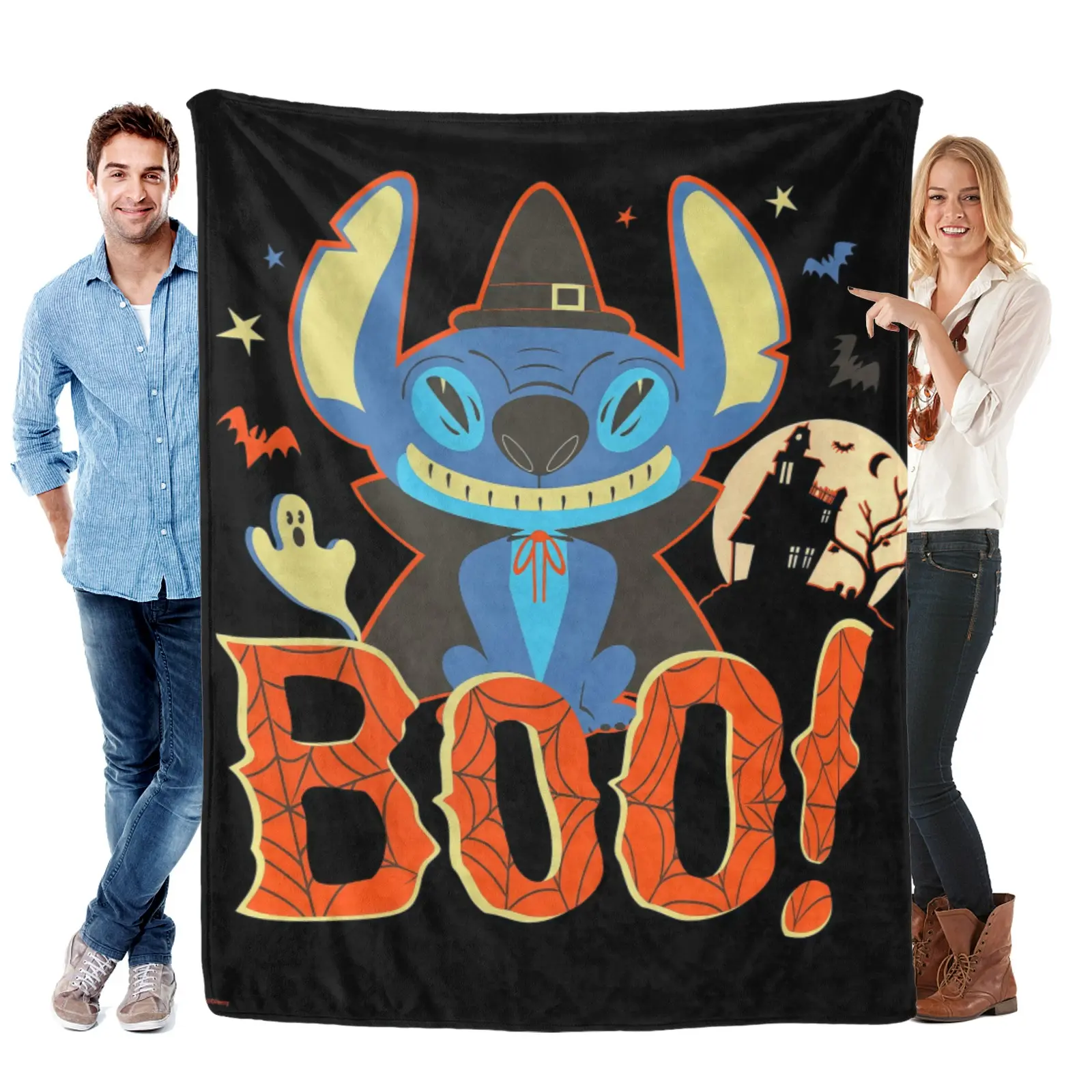 Disney Stitch Halloween Boo Graphic Blanket, Soft Flannel Throw, Spooky Kids Bedroom Decor, Witch Stitch Halloween Merch