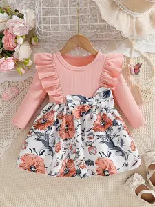 Girl's Sweet Country Style Fall/Winter Dress, Floral Print Dress, Floral Pattern Dress, Peplum Flared Sleeves + Ribbed Knit Top + Large Bow Waist Cinch, Valentine's Day Gift, Suitable for Daily School, Family Outings, Birthday Parties