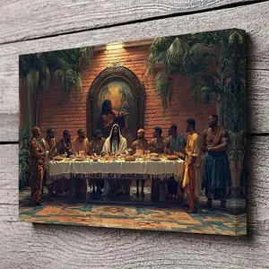 Retro 'The Last Supper' Canvas with Black Jesus and 12 African-Americans - Wooden Frame Wall Art for Home Decor, Print Ornaments