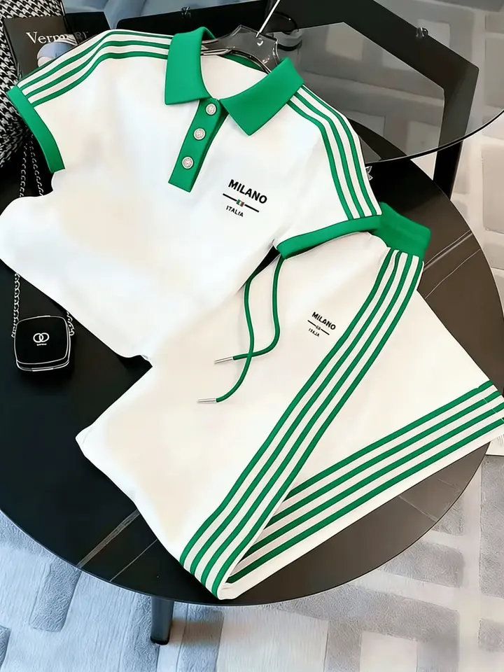 Men's & Women's Fitted Milan-Style Striped 2-Piece Casual Sportswear Set - Button Shirt, Pants, Matching Sets, All-Season Golf & Fitness Fit, 2 Piece Clothes; Women’s Sizing Note: Purchase per Marked Sizes
