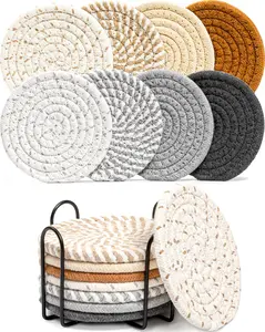 8PCS Colorful Drink Coasters  | Woven Cotton Coaster Set with Holder | Coffee Table & Home Decor