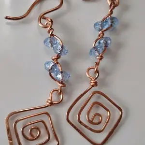 Copper Wire Wrap Blue Bayou Earrings with Unique Spiral Design and Sparkling Blue Beads for Stylish Accessory