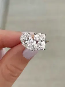 Women's Multi-Size Toi et Moi Silver Rings, Water Drop Sparkling Zircon Accents, Modern Twist Wedding Jewelry Accessory
