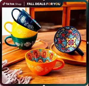 Bohemian floral patterned ceramic breakfast cup, microwave and dishwasher safe, scratch resistant, large capacity tea milk cereal cup, home kitchen breakfast cup