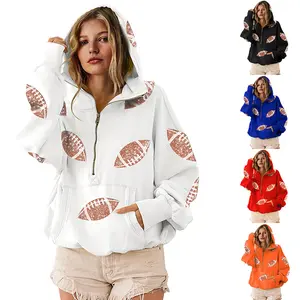 Kingapril Women's Game Day Sweatshirts Football Sequin Hoodies Tailgate Outfits Long Sleeve Zipper Sweaters with Pocket Casual Womenswear