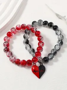 2-piece set of 10MM Gothic black and red Fashionable Couple Bracelet with round beads, ice crushed glass round beads, jewelry matching, suitable for sisters, birthdays and Valentine's Day of couples, suitable for all occasions