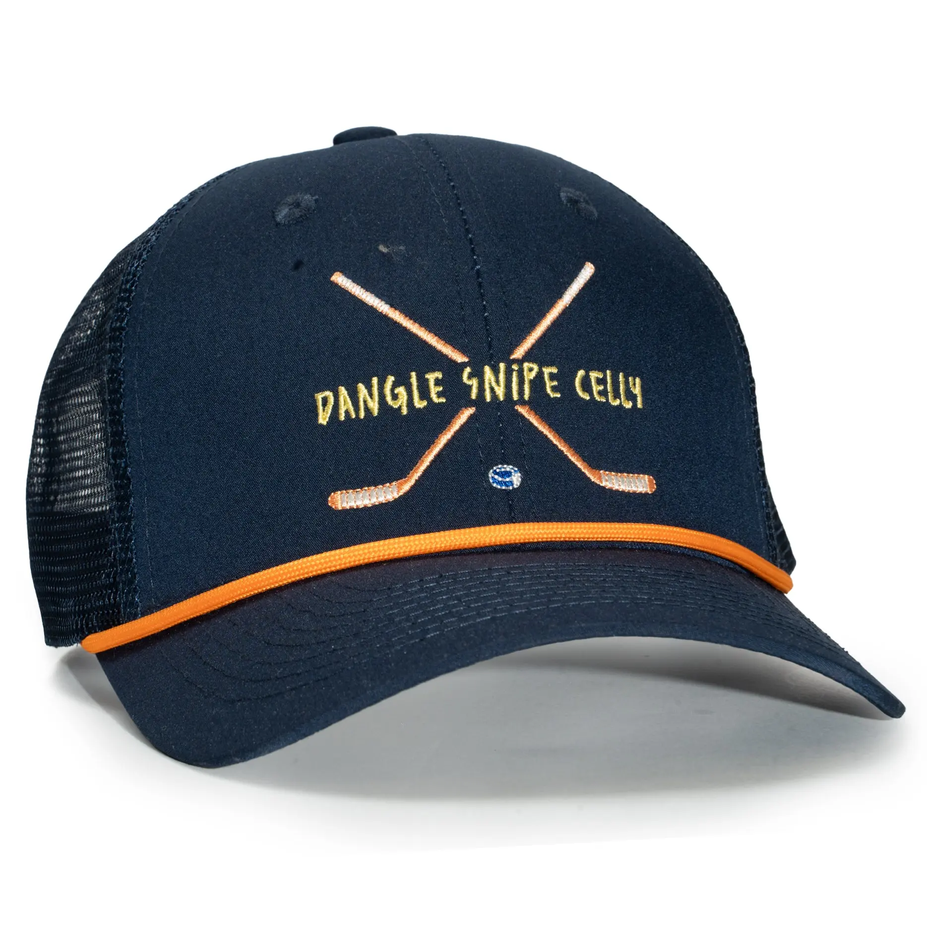 Dangle Snipe Celly Trucker Hat, Adjustable Mesh Snapback Cap for Hockey Fans and Players, Casual Fashion Sport Hat, Hat Design
