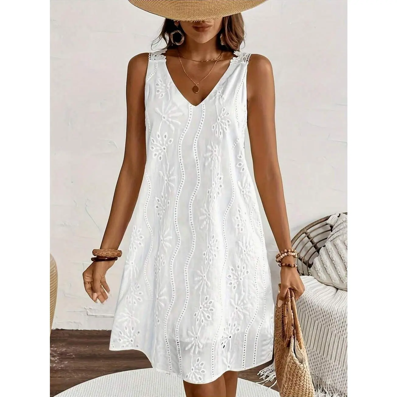 Women’s White Eyelet Embroidery Dress, Sleeveless V Neck Summer Dress, Lace Trim Casual Mini Dress, Beach Vacation Outfit