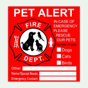 Pet Alert Emergency Sticker 4 Pack 4x4.5 Inch Matte Writable Vinyl Decal Pet Inside Warning Sign Dog Cat Fire Rescue Safety Sticker Waterproof Window Door Home Safety Sign Easy Write Surface
