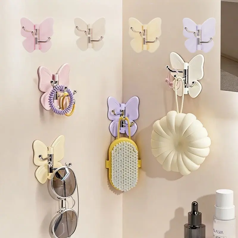 Rotatable Butterfly Triple Hooks No Drill Strong Self Adhesive Corner Hooks, Heavy Duty Waterproof Wall Mount Hanging Hooks for Bathroom Kitchen Bedroom Closet RV Dorm, Multi-Purpose No Punch Wall Organizer for Towels Clothes Utensils Bags Keys-MM1