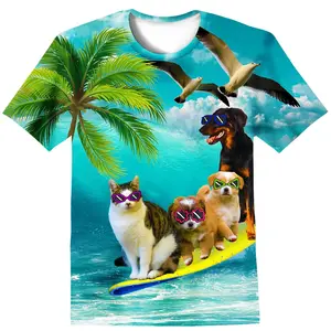 Unisex 3D Print Funny Cat & Dogs with Sunglasses Surfing on Surfboard + Palm Tree Seagulls Beach Scene T - Shirt for Summer Vacation Beach Party Casual Daily Wear