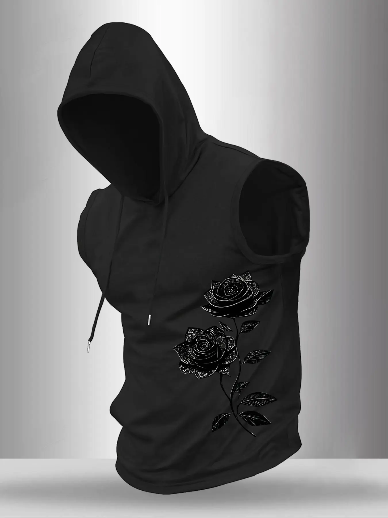 Men's Black Rose Print Sleeveless Hoodie, Casual Hoodie, Drawstring Gym Tank Top with Gothic Floral Graphic, Casual Workout & Daily Wear Hooded Vest, Casual Workout Tops