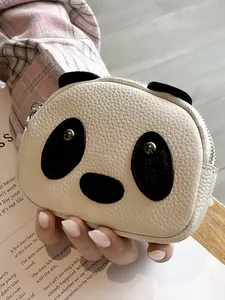 Cute Genuine Leather Zipper Coin Purse Panda Shape Top Layer Cowhide Dual Zipper Hard Coin Bag Women's Wallet Zipper Wallet Design Cowhide Purses