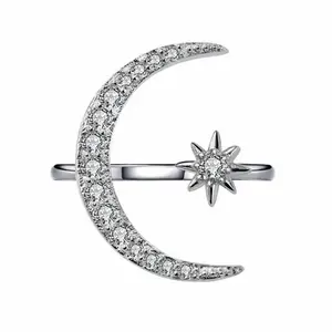 Moon and Star Ring, Adjustable Cubic Zirconia Ring, Valentine's Day Engagement Gift, Women's Jewelry Gift, Stackable Crescent Moon Celestial Ring