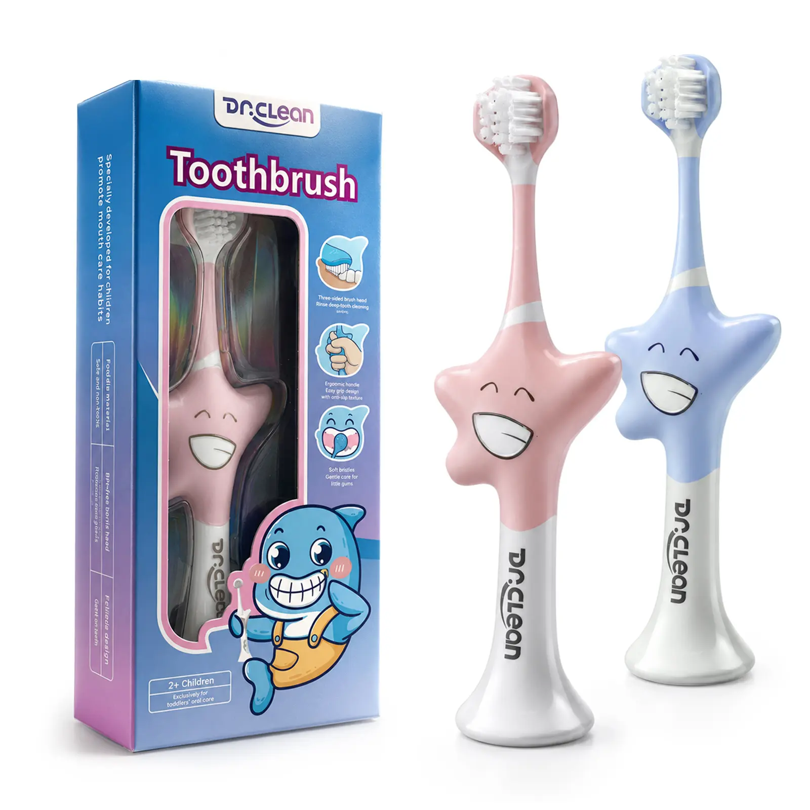 Dr. Clean Gentle Children's Training Toothbrush, 3-Sided Brush Head, Grip-Correcting Design, All-Around Cleaning, Suitable for 12+ Months Infants-Toddlers & 2-12 Years Old Kids (Oral Care)