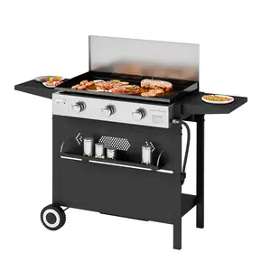 Kitchen Academy 27 Inch Flat Top Grill with Ceramic Coated Cast Iron Pan, 3-Burner Propane Gas, Nonstick Design, Stainless Steel Barbecue Home Food Kitchenware