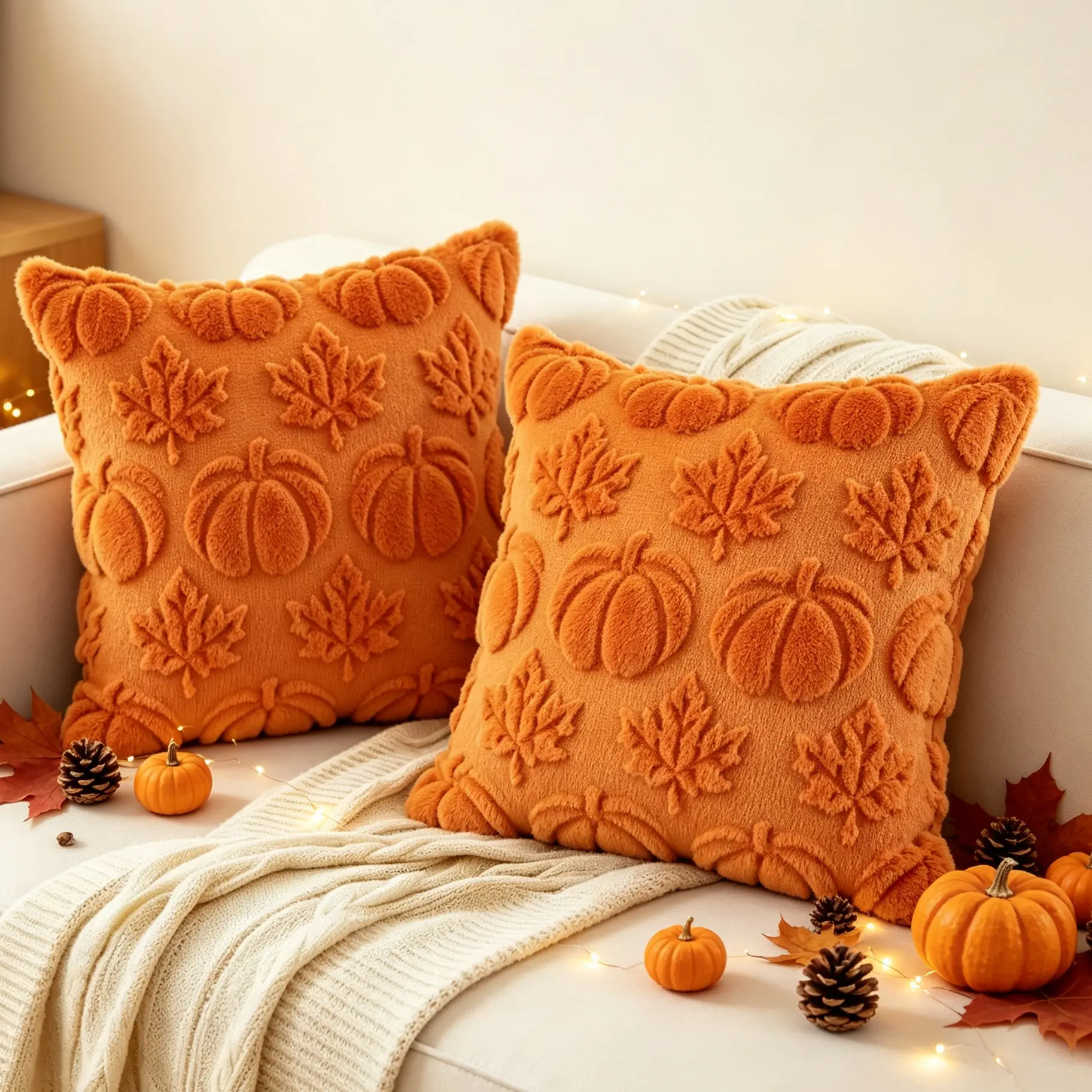 Plush Knit Square Cushion Covers - 18x18 in, 2 Pack, 3D Raised Pumpkin & Maple Leaf Design, Festive Couch Cushion Cover & Throw Pillows for Autumn Thanksgiving Decor