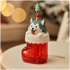 Starbucks Overseas 20oz Red Lovely Husky Christmas Sock Glass Straw Cup